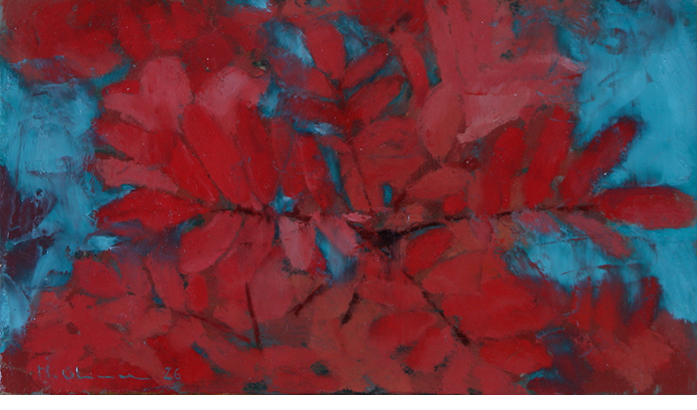 Juego de hojas en rojo y azul. �leo sobre tabla, 11 x 19,5 cm.