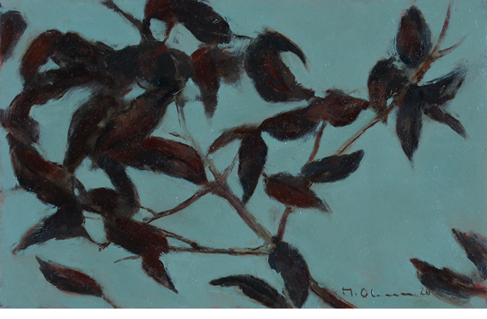 Juego de hojas al anochecer. 12 x 19 cm. �leo sobre tabla, 